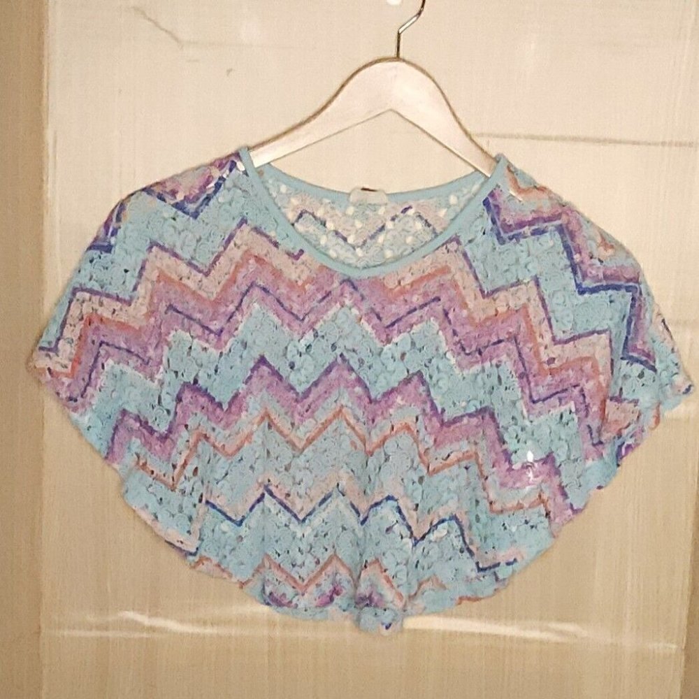 Lei Girls Open Knit Teal Chevron Lightweight Poncho 10-12